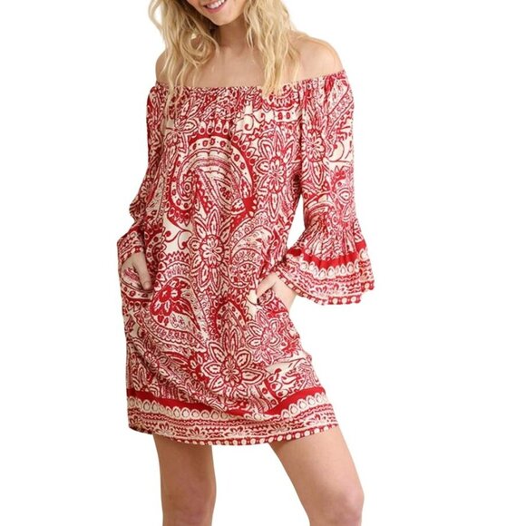 Umgee Size Small Red Cream Boho Bohemian Off the Shoulder Slip Shift Dress - Picture 1 of 6